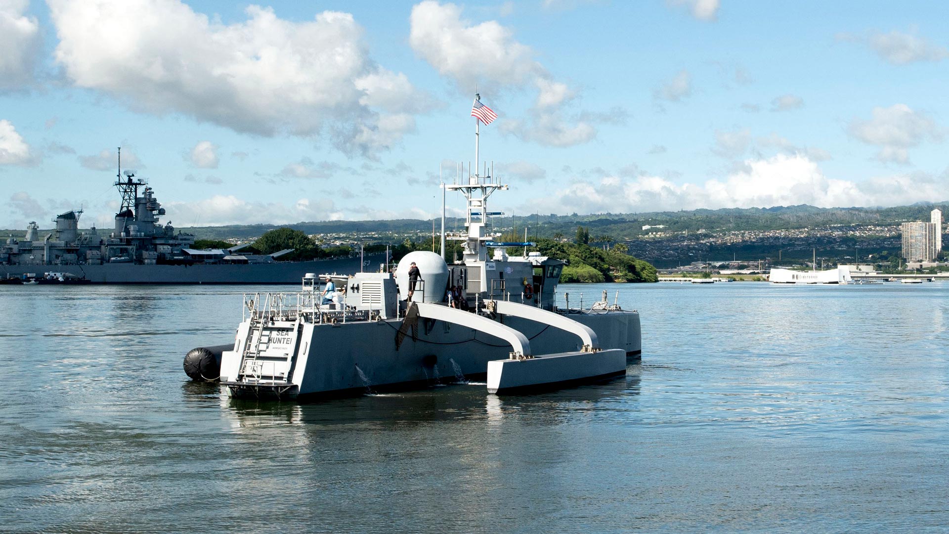 Medium Displacement Unmanned Surface Vehicle (MDUSV) prototype Sea Hunter pulls into Joint Base Pearl Harbor-Hickam, Hawaii on Oct. 31, 2018. US Navy Photo